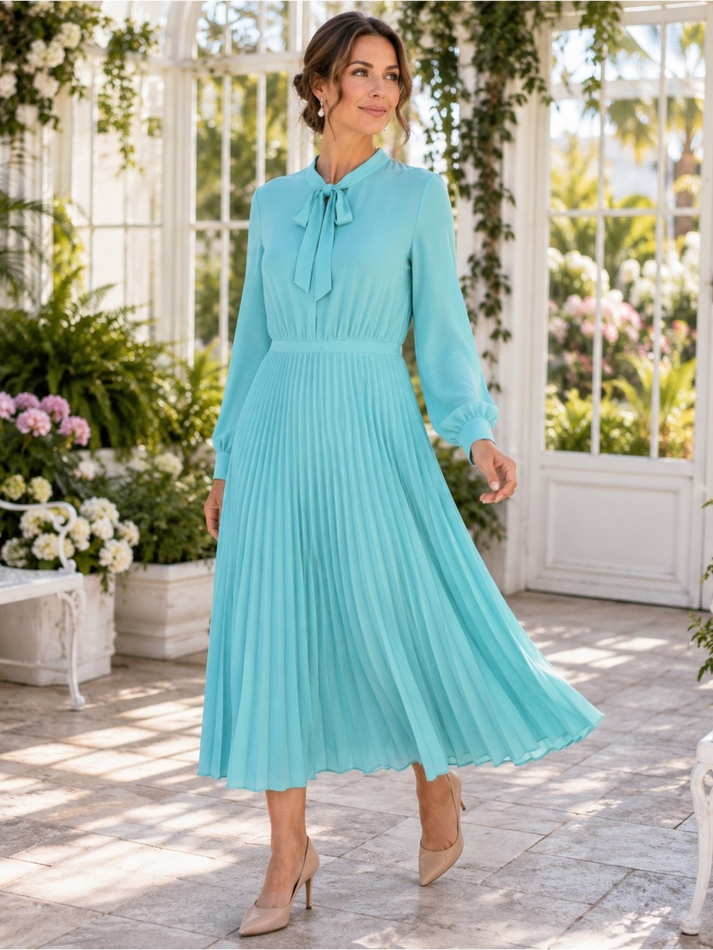 Calvin Klein Pleated Midi Dress Aqua Tie Neck Long Sleeve NWT